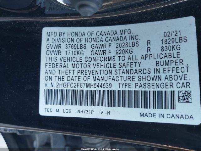2021 HONDA CIVIC 2HGFC2F87MH544539 Photo 8