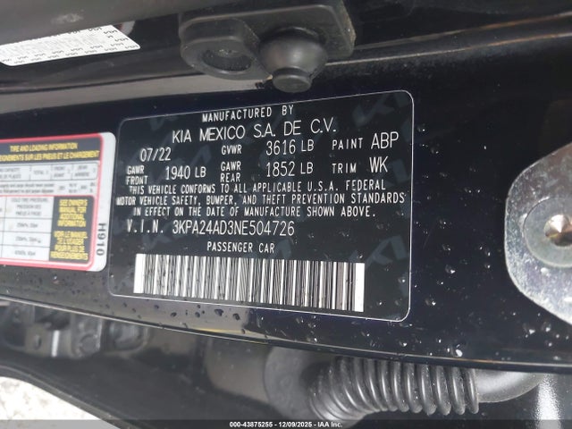 43875255 :رقم المزاد ، 3KPA24AD3NE504726 vin ، 2022 Kia Rio S مزاد بيع
