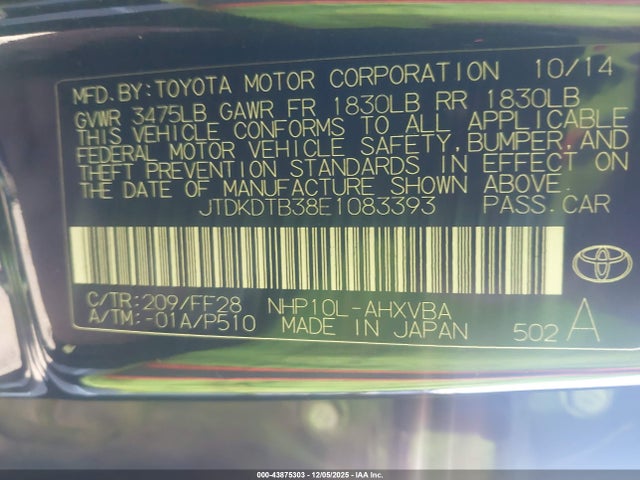 JTDKDTB38E1083393 Toyota Prius C Two