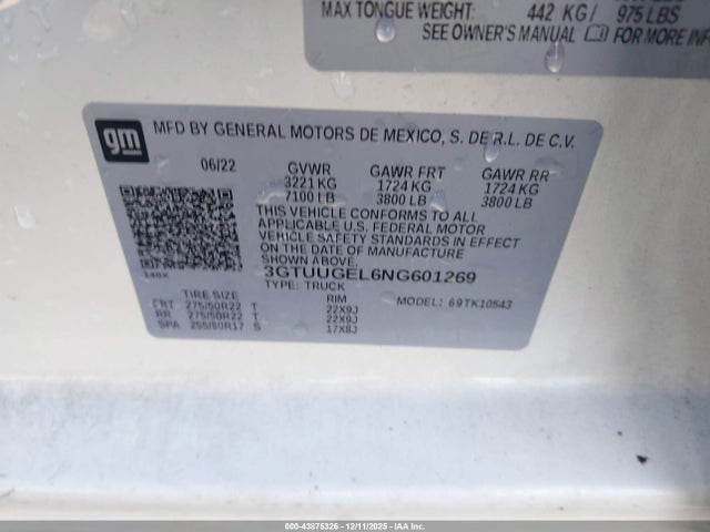Продажа на аукционе авто 2022 Gmc Sierra 1500 4wd  Short Box Denali, vin: 3GTUUGEL6NG601269, номер лота: 43875326