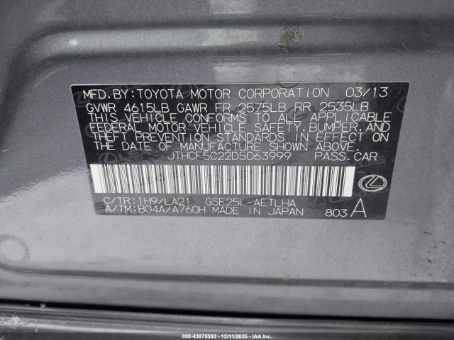 43875383 :رقم المزاد ، JTHCF5C22D5063999 vin ، 2013 Lexus Is 250 مزاد بيع