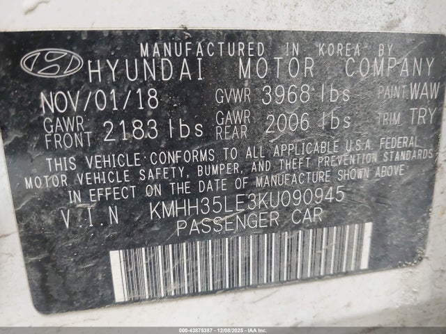 2019 Hyundai Elantra Gt მანქანა იყიდება აუქციონზე, vin: KMHH35LE3KU090945, აუქციონის ნომერი: 43875387