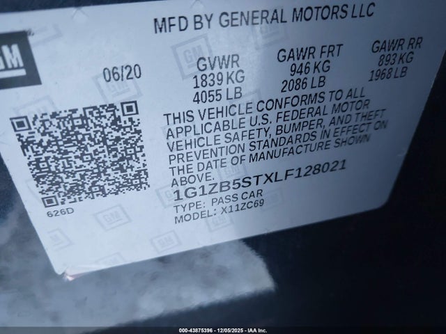 2020 Chevrolet Malibu Fwd Ls მანქანა იყიდება აუქციონზე, vin: 1G1ZB5STXLF128021, აუქციონის ნომერი: 43875396
