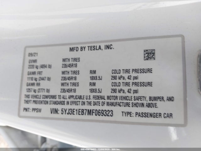 Aukcja sprzedaży 2021 Tesla Model 3 Long Range Dual Motor All-wheel Drive, vin: 5YJ3E1EB7MF069323, numer aukcji: 43875403
