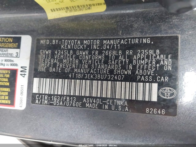 Aukcja sprzedaży 2011 Toyota Camry Le, vin: 4T1BF3EK3BU732407, numer aukcji: 43875460