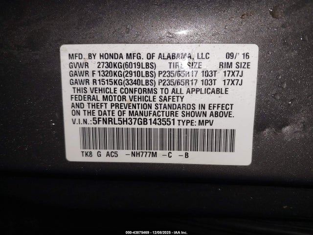 5FNRL5H37GB143551 Honda ODYSSEY SE
