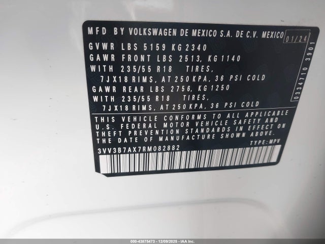3VV3B7AX7RM082882 Volkswagen Tiguan 2.0t Se/2.0t Wolfsburg Edition