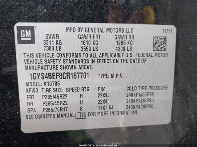 Продаж на аукціоні авто 2012 Cadillac Escalade Luxury, vin: 1GYS4BEF8CR187701, номер лоту: 43875478