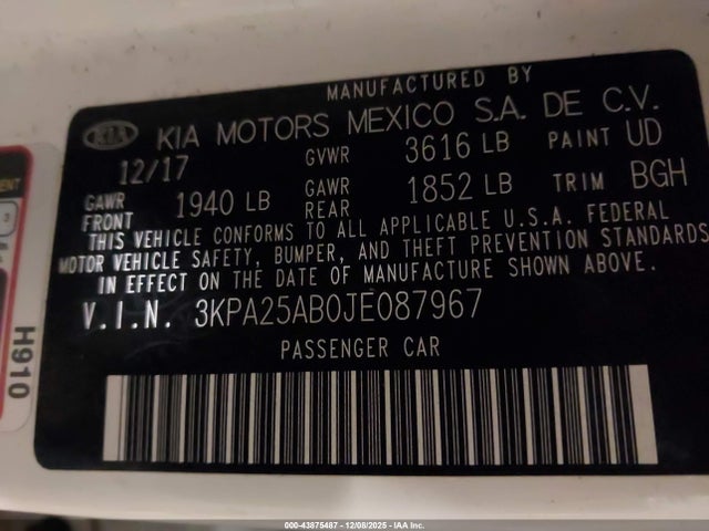 3KPA25AB0JE087967 KIA RIO LX