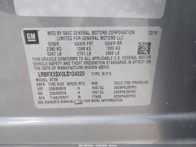 43875534 :رقم المزاد ، LRBFX3SX0LD124329 vin ، 2020 Buick Envision Awd Premium I مزاد بيع