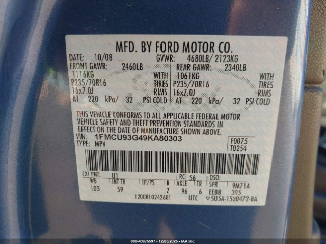 2009 FORD ESCAPE 1FMCU93G49KA80303 Photo 8