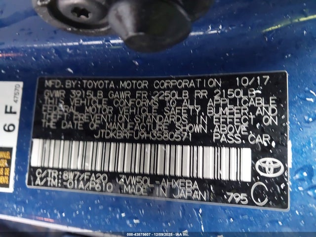 JTDKBRFU9H3580571 Toyota Prius One
