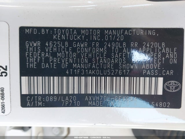 4T1F31AK0LU527617 Toyota Camry Xle Hybrid