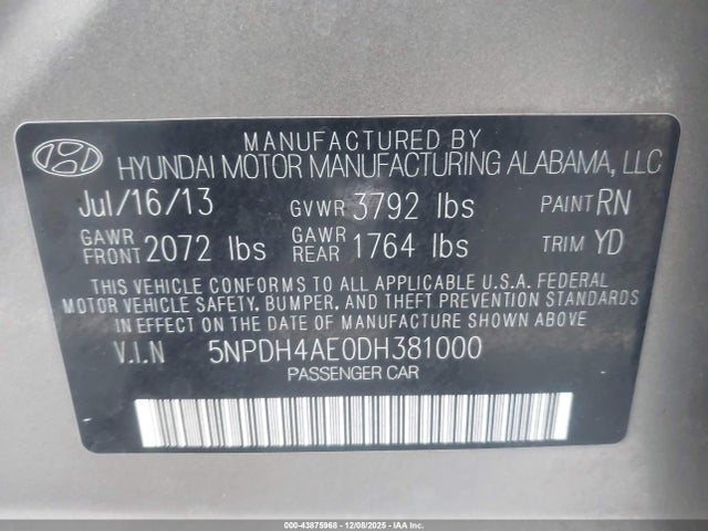 43875968 :رقم المزاد ، 5NPDH4AE0DH381000 vin ، 2013 Hyundai Elantra Gls مزاد بيع