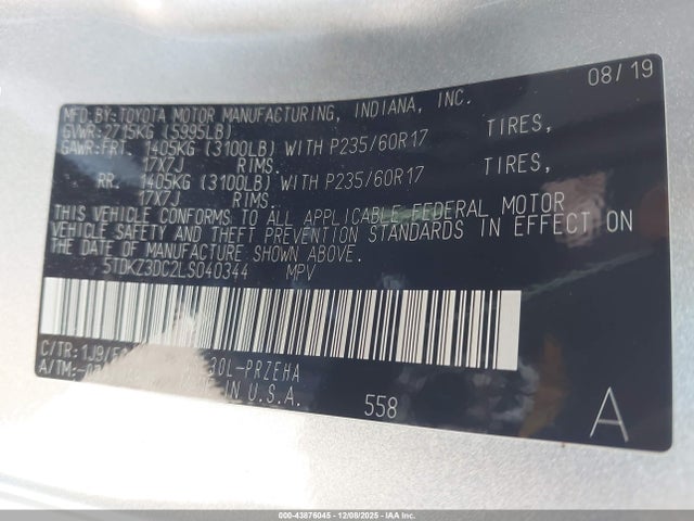 Toyota SIENNA LE 2020 5TDKZ3DC2LS040344 Image 9
