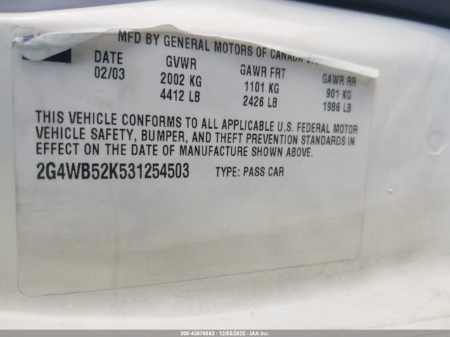 Aukcja sprzedaży 2003 Buick Regal Ls, vin: 2G4WB52K531254503, numer aukcji: 43876063