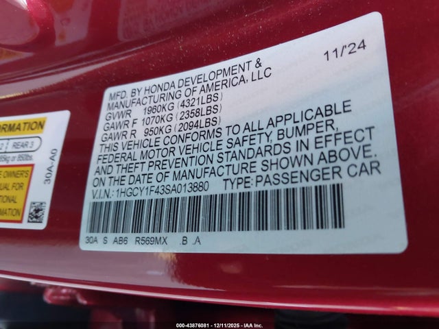 1HGCY1F43SA013880 Honda ACCORD SE