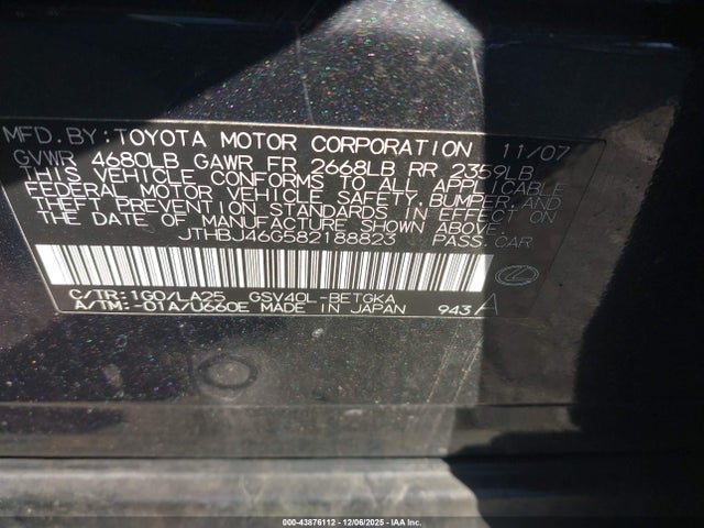 Продажа на аукционе авто 2008 Lexus Es 350, vin: JTHBJ46G582188823, номер лота: 43876112