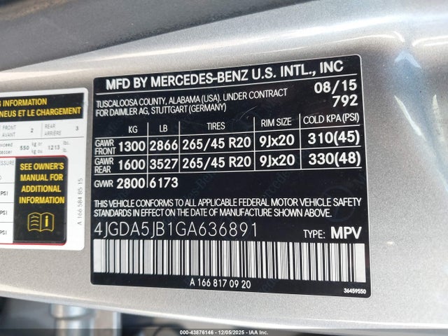 4JGDA5JB1GA636891 Mercedes-Benz GLE 350