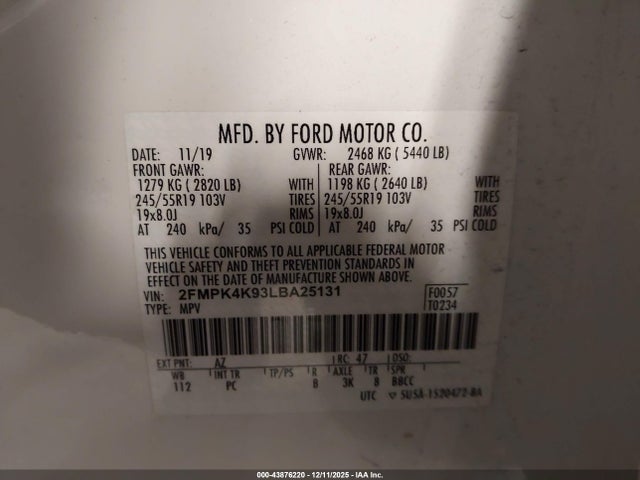 Aukcja sprzedaży 2020 Ford Edge Titanium, vin: 2FMPK4K93LBA25131, numer aukcji: 43876220