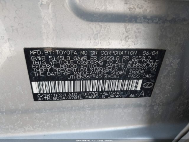 2004 LEXUS LS 430 JTHBN36F540169085 Photo 8