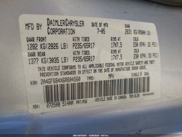 2006 CHRYSLER PACIFICA 2A4GF684X6R604560 Photo 8