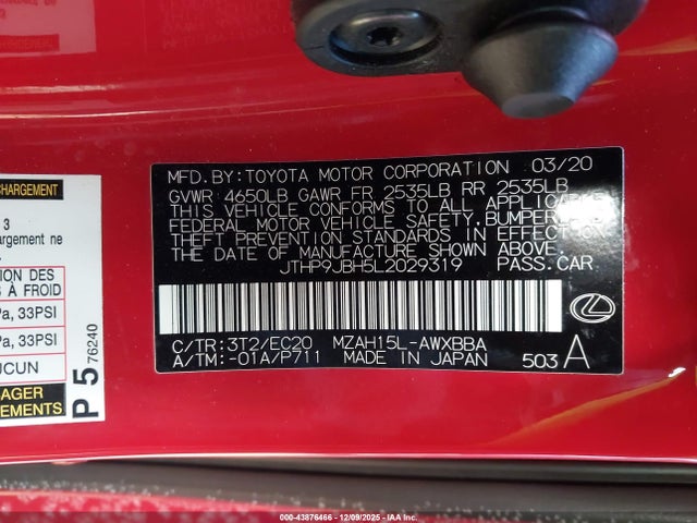 2020 LEXUS UX 250H JTHP9JBH5L2029319 Photo 8