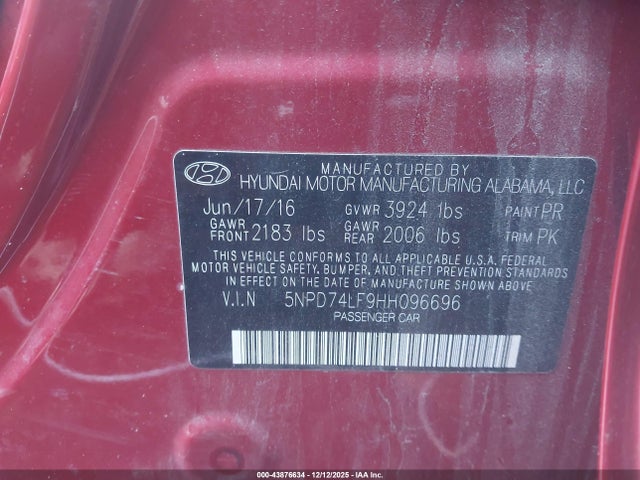 Aukcja sprzedaży 2017 Hyundai Elantra Se, vin: 5NPD74LF9HH096696, numer aukcji: 43876634
