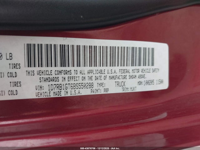 Продаж на аукціоні авто 2011 Ram Ram 1500 Slt, vin: 1D7RB1GT6BS550288, номер лоту: 43876706