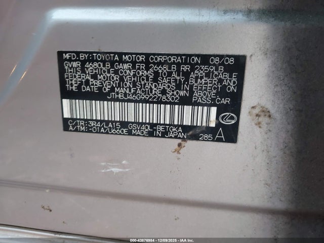 43876984 :رقم المزاد ، JTHBJ46G992278302 vin ، 2009 Lexus Es 350 مزاد بيع