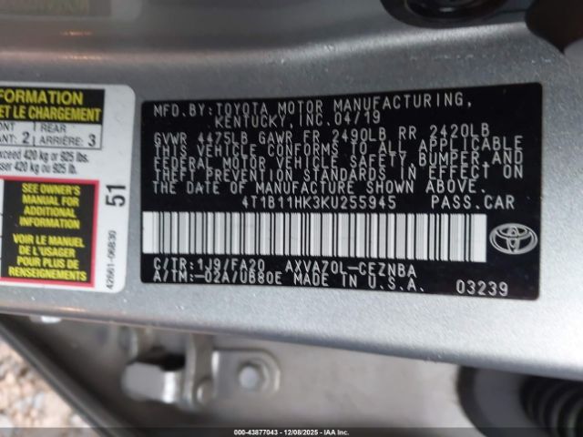 2019 TOYOTA CAMRY 4T1B11HK3KU255945 Photo 8