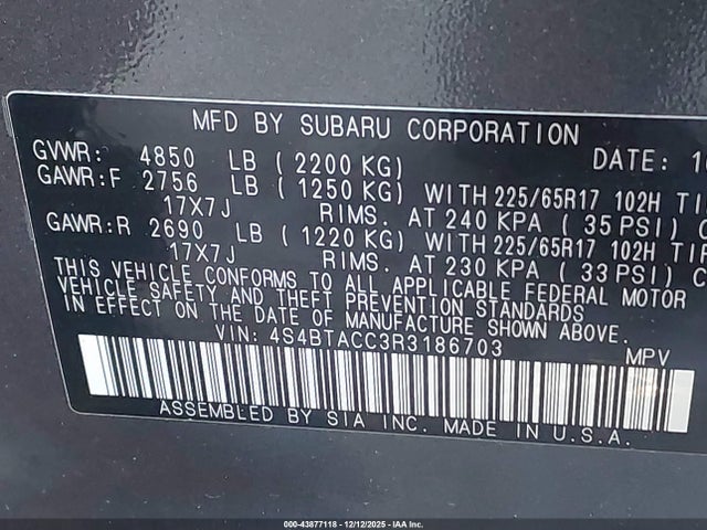 43877118 :رقم المزاد ، 4S4BTACC3R3186703 vin ، 2024 Subaru Outback Premium مزاد بيع