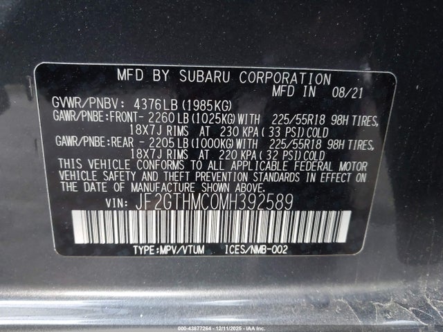 43877264 :رقم المزاد ، JF2GTHMC0MH392589 vin ، 2021 Subaru Crosstrek Limited مزاد بيع