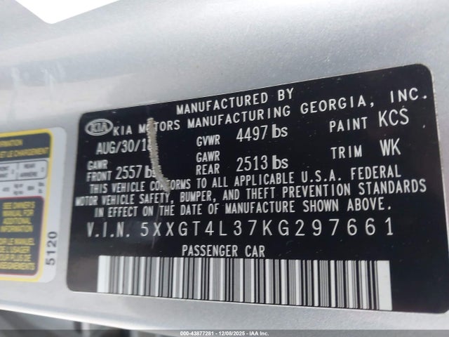 2019 Kia Optima Lx მანქანა იყიდება აუქციონზე, vin: 5XXGT4L37KG297661, აუქციონის ნომერი: 43877281