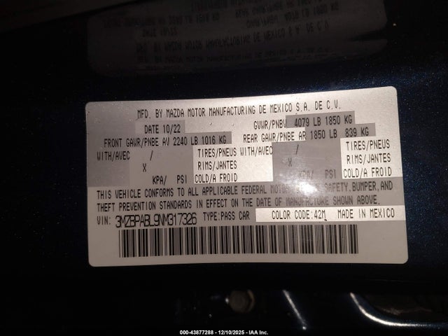 43877288 :رقم المزاد ، 3MZBPABL9NM317326 vin ، 2022 Mazda Mazda3 Select مزاد بيع
