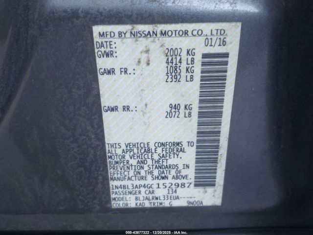 2016 NISSAN ALTIMA 1N4BL3AP4GC152987 Photo 8