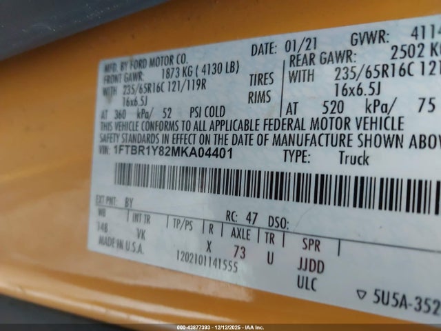 Aukcja sprzedaży 2021 Ford Transit-250, vin: 1FTBR1Y82MKA04401, numer aukcji: 43877393