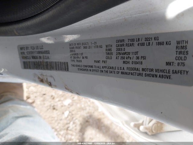 2021 Ram 1500 Big Horn  4x4 5'7 Box მანქანა იყიდება აუქციონზე, vin: 1C6SRFFT4MN648850, აუქციონის ნომერი: 43877660