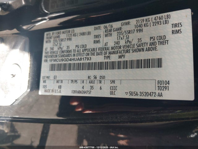 1FMCU9GD4HUA81793 Ford ESCAPE SE