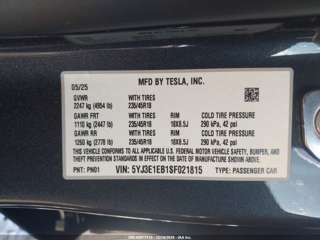 Продажа на аукционе авто 2025 Tesla Model 3 Long Range All-wheel Drive, vin: 5YJ3E1EB1SF021815, номер лота: 43877713