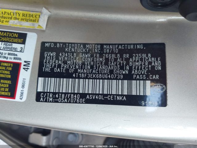 2011 TOYOTA CAMRY 4T1BF3EK6BU640739 Photo 8