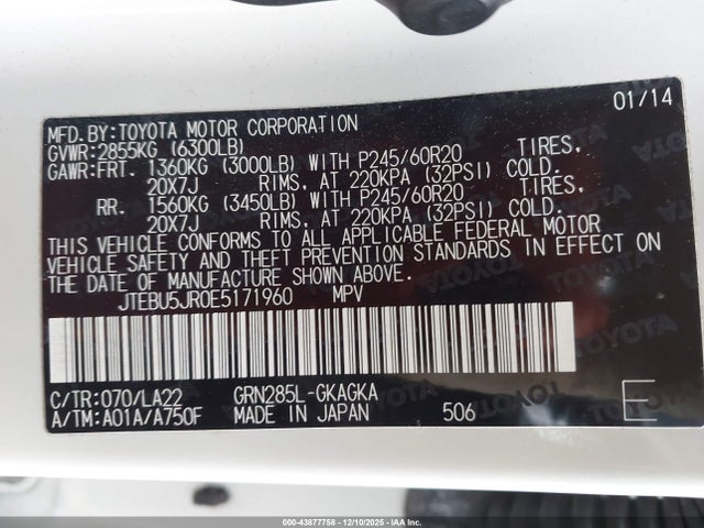 Aukcja sprzedaży 2014 Toyota 4runner Limited, vin: JTEBU5JR0E5171960, numer aukcji: 43877758