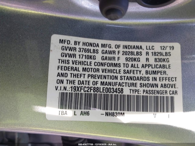 2020 HONDA CIVIC 19XFC2F88LE003458 Photo 8