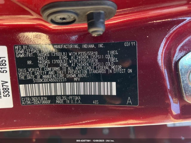 Aukcja sprzedaży 2011 Toyota Sienna Xle, vin: 5TDDK3DC4BS022231, numer aukcji: 43877801