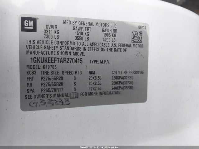2010 Gmc Yukon Denali მანქანა იყიდება აუქციონზე, vin: 1GKUKEEF7AR270415, აუქციონის ნომერი: 43877972