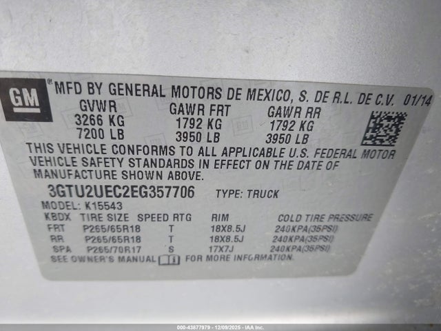 Aukcja sprzedaży 2014 Gmc Sierra 1500 Sle, vin: 3GTU2UEC2EG357706, numer aukcji: 43877979