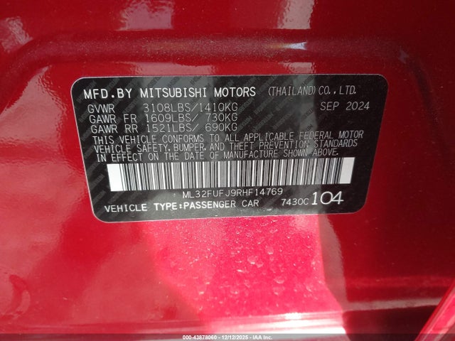 Продажа на аукционе авто 2024 Mitsubishi Mirage G4 Black Edition/es/le, vin: ML32FUFJ9RHF14769, номер лота: 43878060