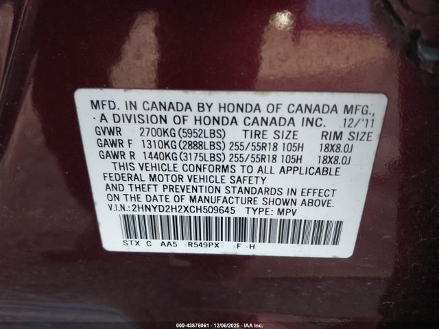 Aukcja sprzedaży 2012 Acura Mdx, vin: 2HNYD2H2XCH509645, numer aukcji: 43878061