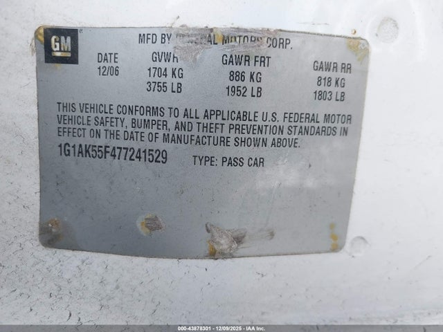 Aukcja sprzedaży 2007 Chevrolet Cobalt Ls, vin: 1G1AK55F477241529, numer aukcji: 43878301