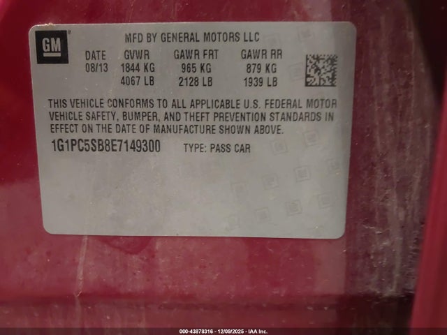 1G1PC5SB8E7149300 Chevrolet Cruze 1lt Auto